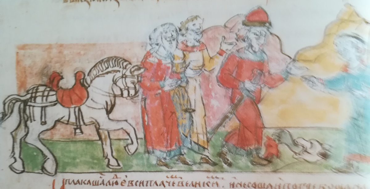 Олег у останков своего любимого коня; смерть Олега от укуса змеи. Миниатюра из Радзивиловской летописи.