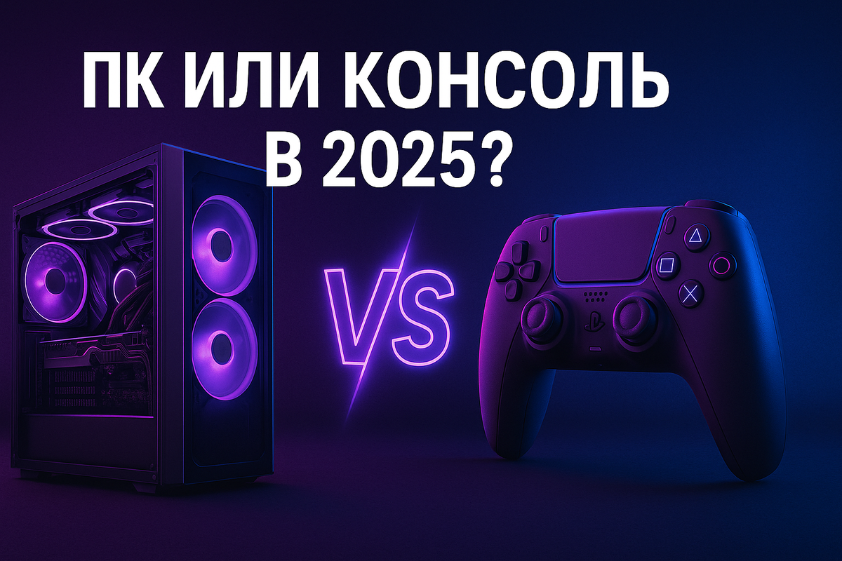 Обложка статьи о выборе между ПК и консолями в 2025 году.