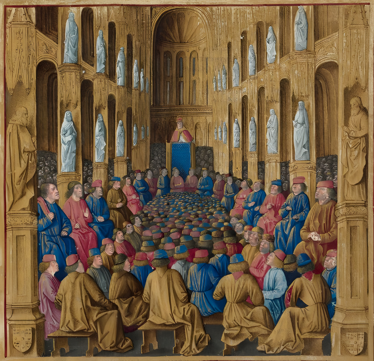 Папа Урбан II на Клермонском соборе, изображён Жаном Коломбом из рукописи Себастьяна Мамеро «Заморские путешествия»