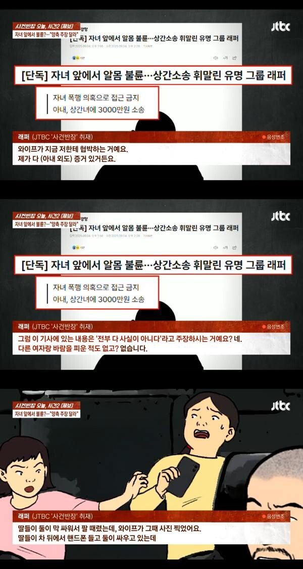   Кадр 1 
Рэпер: «Это жена сейчас меня шантажирует. У меня есть все доказательства (её измены)».   
 
Кадр 2 
Репортер: То есть, вы утверждаете, что содержание этой статьи — «полностью не соответствует действительности»? Рэпер: Да.   
Репортер: И вы никогда не изменяли с другой женщиной? Рэпер: Никогда.   
 
 
Паеель 3 
Рэпер: «Мои дочери сильно ссорились, и я ударил их по рукам, а жена в этот момент сделала фотографию. Дочери дрались вдвоем на заднем сиденье из-за мобильного телефона».