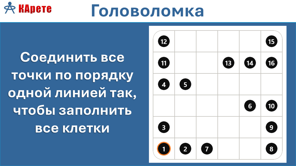 Головоломка СТ-3: соединить все точки по порядку одной линией так, чтобы заполнить все клетки