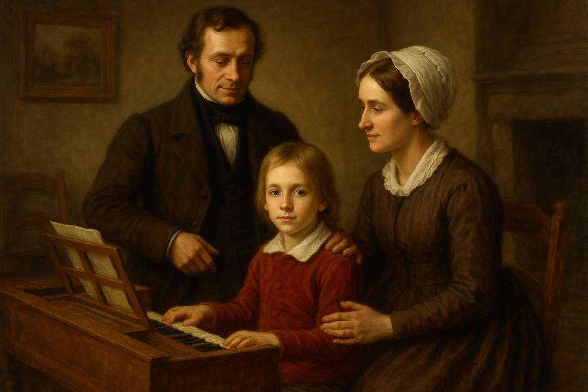Семейный портрет. Ференц Лист с мамой Анной и отцом Адамом. Изображение создано при помощи ИИ. 
