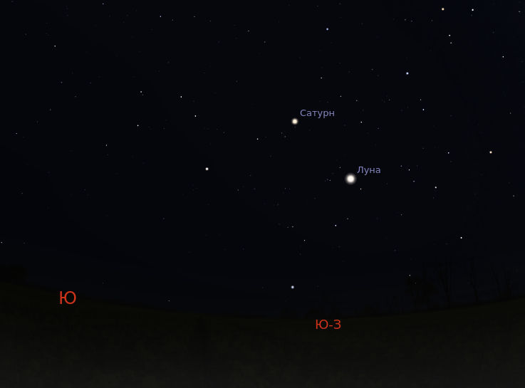 Луна во время затмения на небе Дальнего Востока. Сверху видна планета Сатурн.