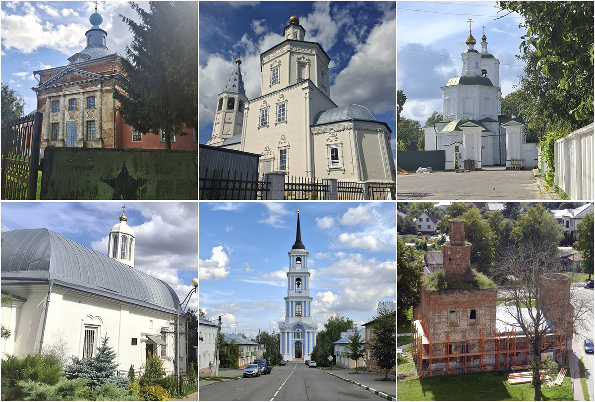 Венёв, сохранившиеся (слева направо, сверху вниз): Воскресенский, Богоявленский, Предтеченский, Казанский, колокольня Никольского (Николаевского) и Покровский (Старо-Николаевский). Фото автора.