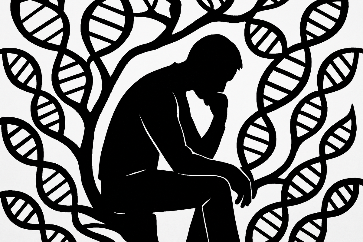 Силуэт человека в задумчивой позе, окружённый ветвящимися ДНК-спиралями, словно корнями одиночества, вплетёнными в его внутренний мир.
