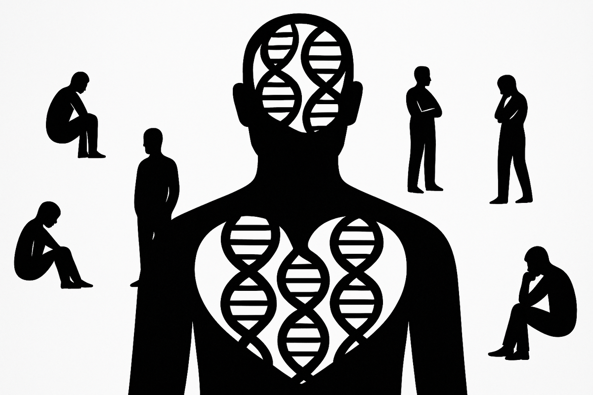 Символическая фигура человека с генетическим узором в сердце и разуме, окружённая силуэтами других — как напоминание, что одиночество может быть частью кода, но связь всегда возможна.