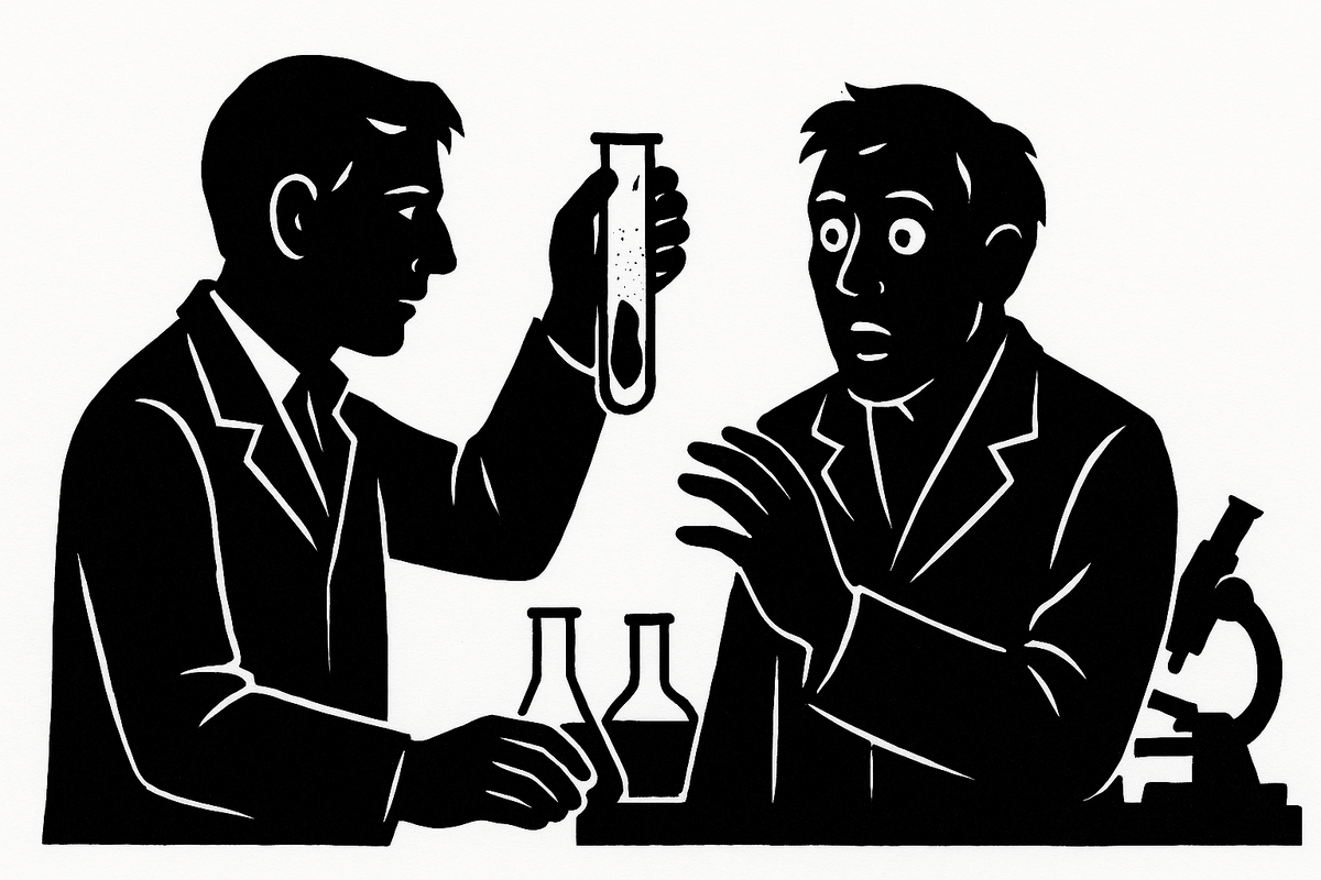 Два учёных в лаборатории наблюдают, как загадочное вещество исчезает прямо в пробирке — словно прячется от взгляда.