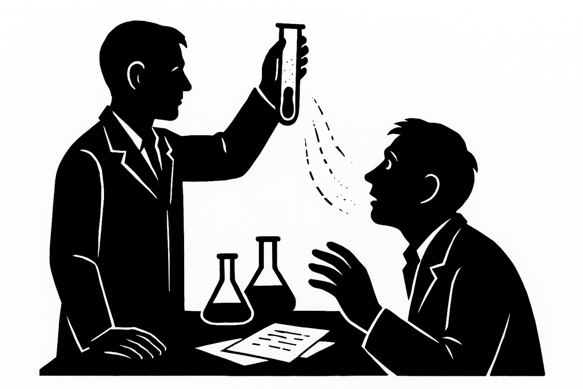 Учёный держит пробирку с загадочным веществом, которое начинает исчезать прямо в воздухе под пристальным взглядом коллеги.