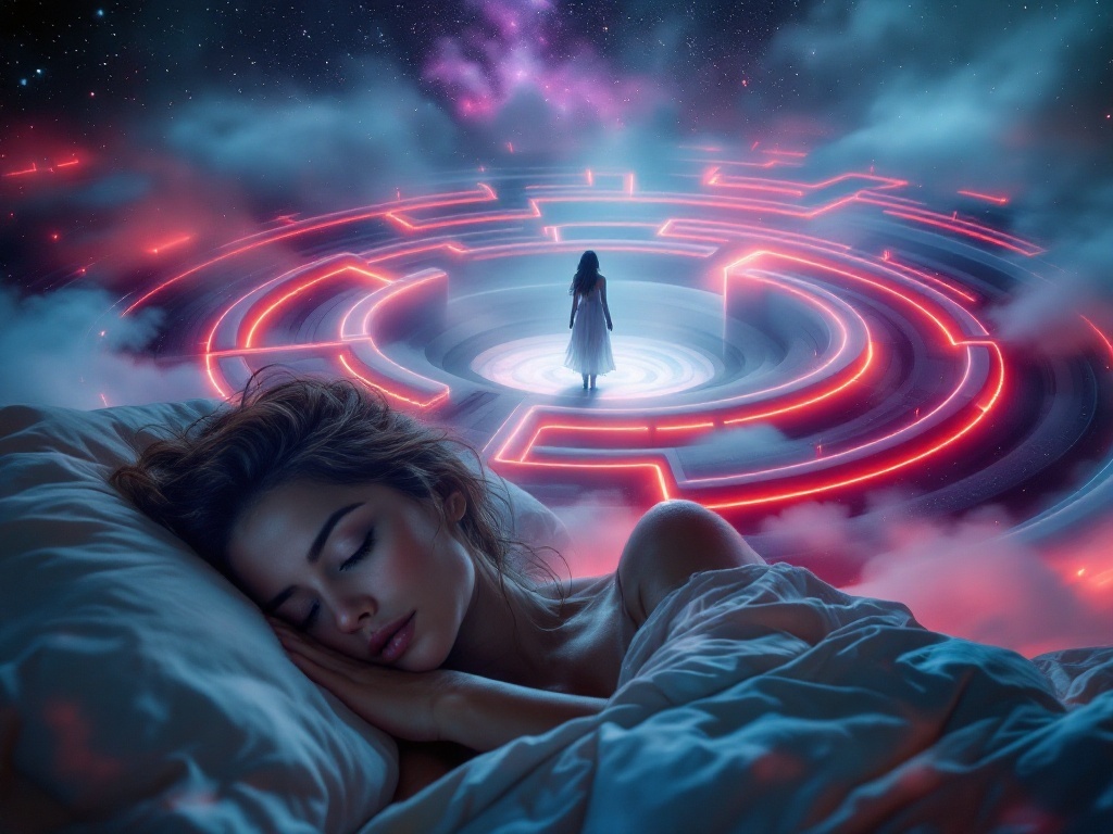    К чему такое снится: На картине изображена женщина, замешкающая в центре крупного лабиринта. Пути лабиринта замкнуты, создавая иллюзию бесконечных, идентичных поворотов. Сцена окружена т