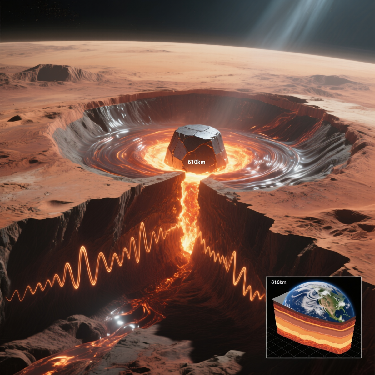 Твердое внутреннее ядро Марса (радиус 610 км), окруженное жидким внешним ядром, по данным миссии InSight. Сравнение с земным ядром показывает схожесть строения.