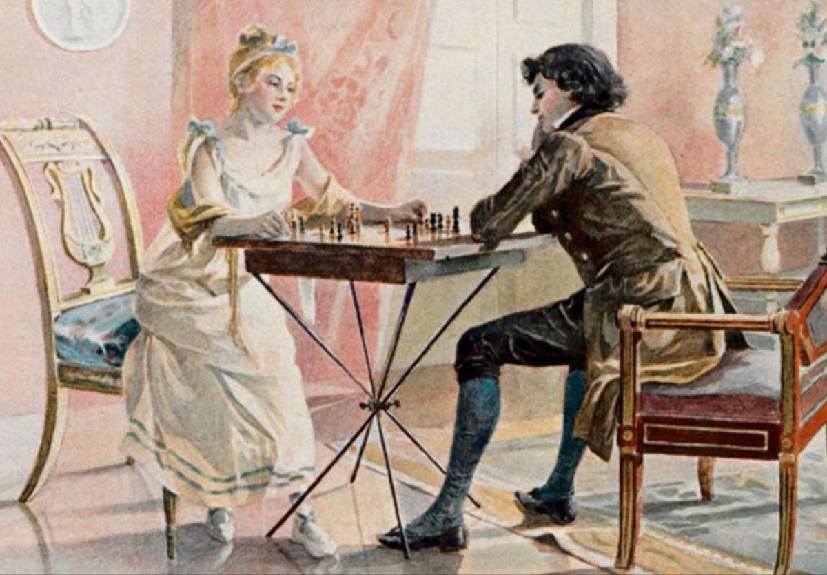 Ольга Ларина и Владимир Ленский играют в шахматы. Иллюстрация к роману «Евгений Онегин» художника Е. П. Самокиш-Судковской.
