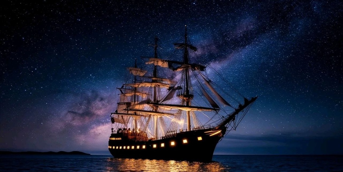 сияющий корабль в  ночной тишине