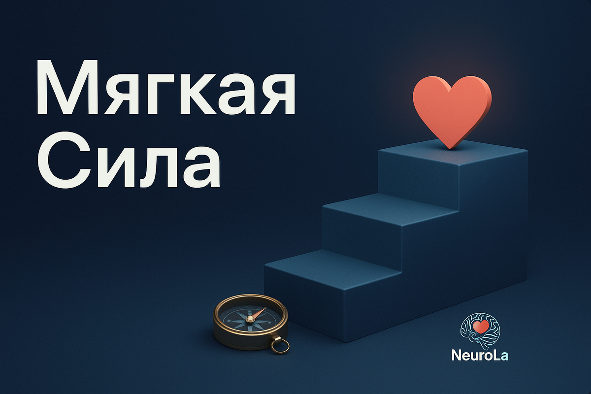 Обложка к рецензии на книгу “Мягкая сила” Маргариты Захаровой: три ступени и латунный компас на синем фоне, символ пути и роста бизнеса; логотип NeuroLa в правом нижнем углу
