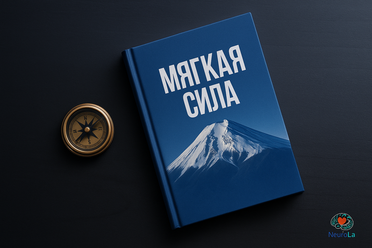 Книга “Мягкая сила” Маргариты Захаровой на столе рядом с латунным компасом: обложка с горой как символ пути и устойчивого роста бизнеса; рецензия и обзор книги от NeuroLa