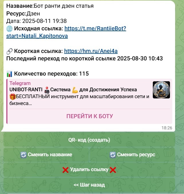 Так выглядит статистика в сервисе сокращения ссылок от UNIBOT-RANTI