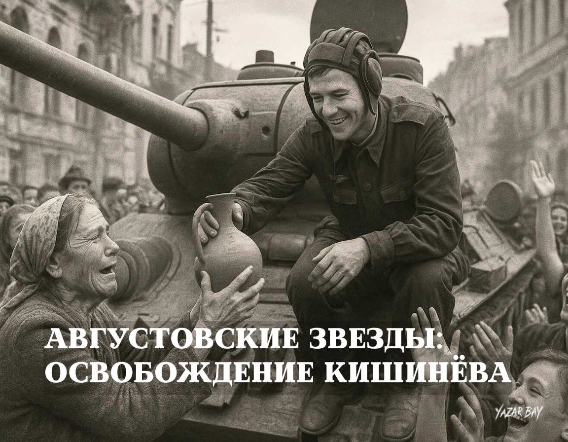 Жители освобожденного Кишинёва со слезами радости встречают советских танкистов, угощая их вином. ©Язар Бай.