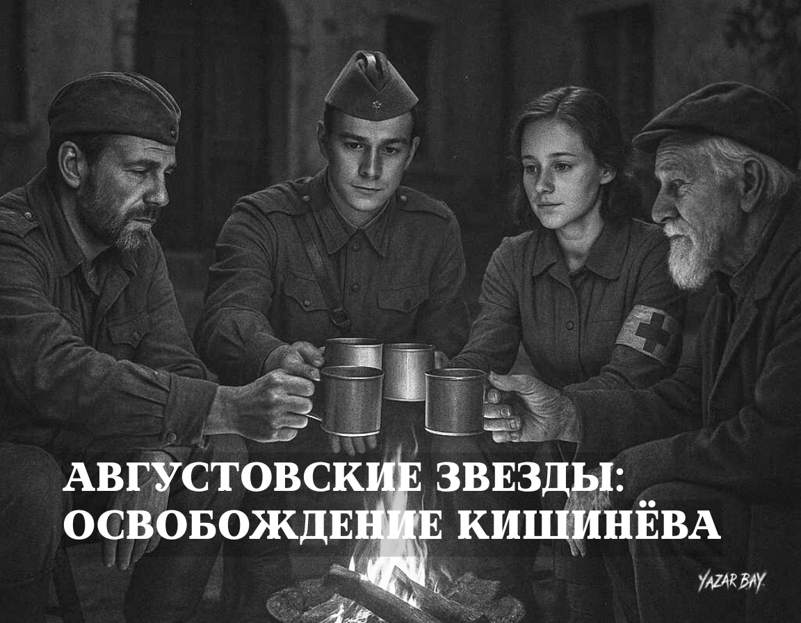 Советские солдаты и местные жители в освобожденном Кишинёве поднимают тост за павших товарищей. ©Язар Бай.