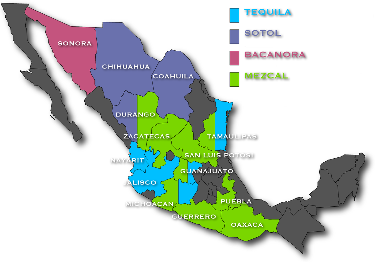 Карта производства текилы и других напитков Мексики