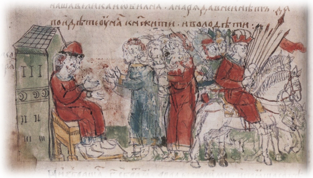 Призвание варягов. Рюрик сидит перед новгородцами. Миниатюра из Радзивиловской летописи. 