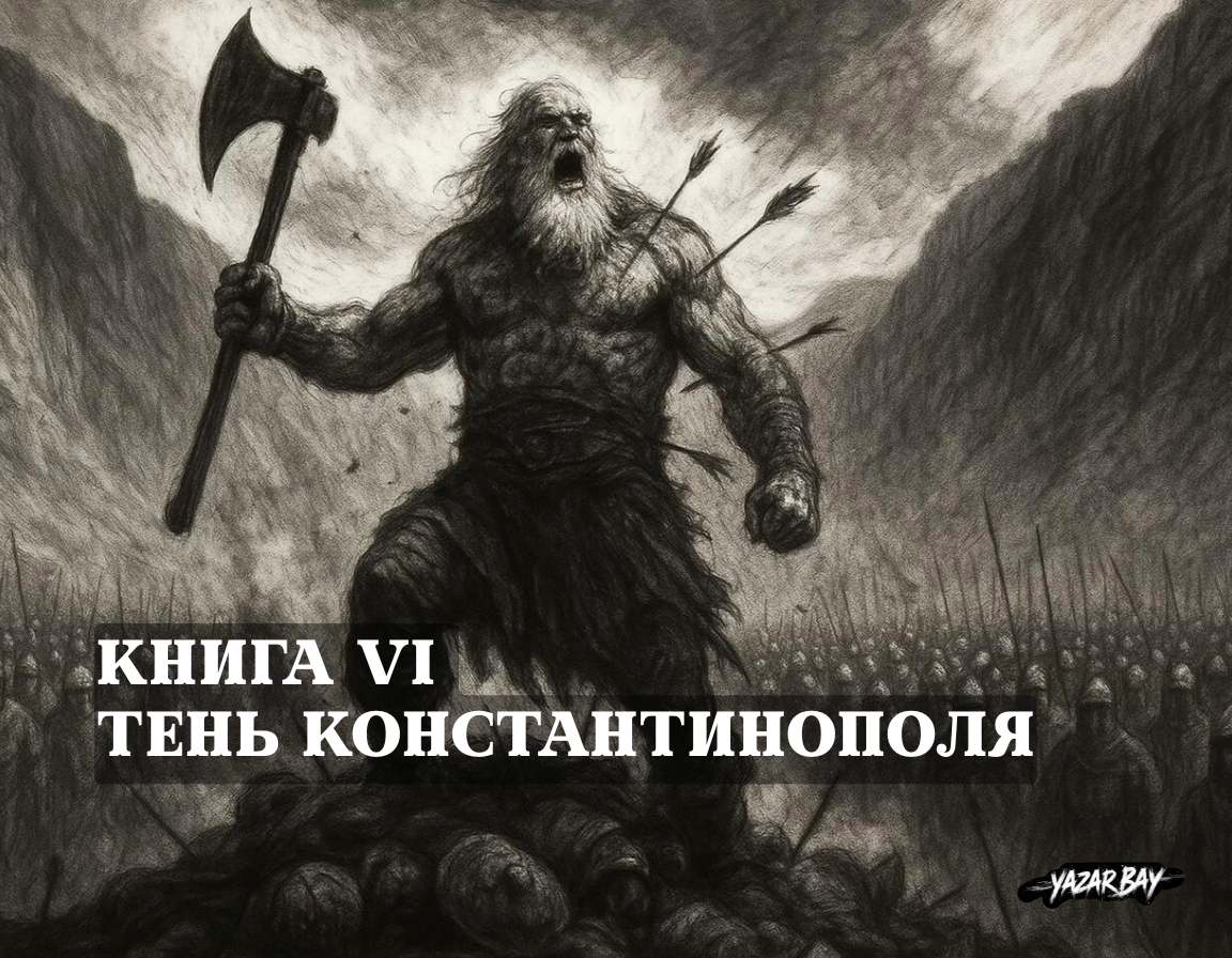 В героической последней битве могучий Бамсы-бей, весь в крови и стрелах, один защищает горный перевал от бесчисленных врагов. ©Язар Ба