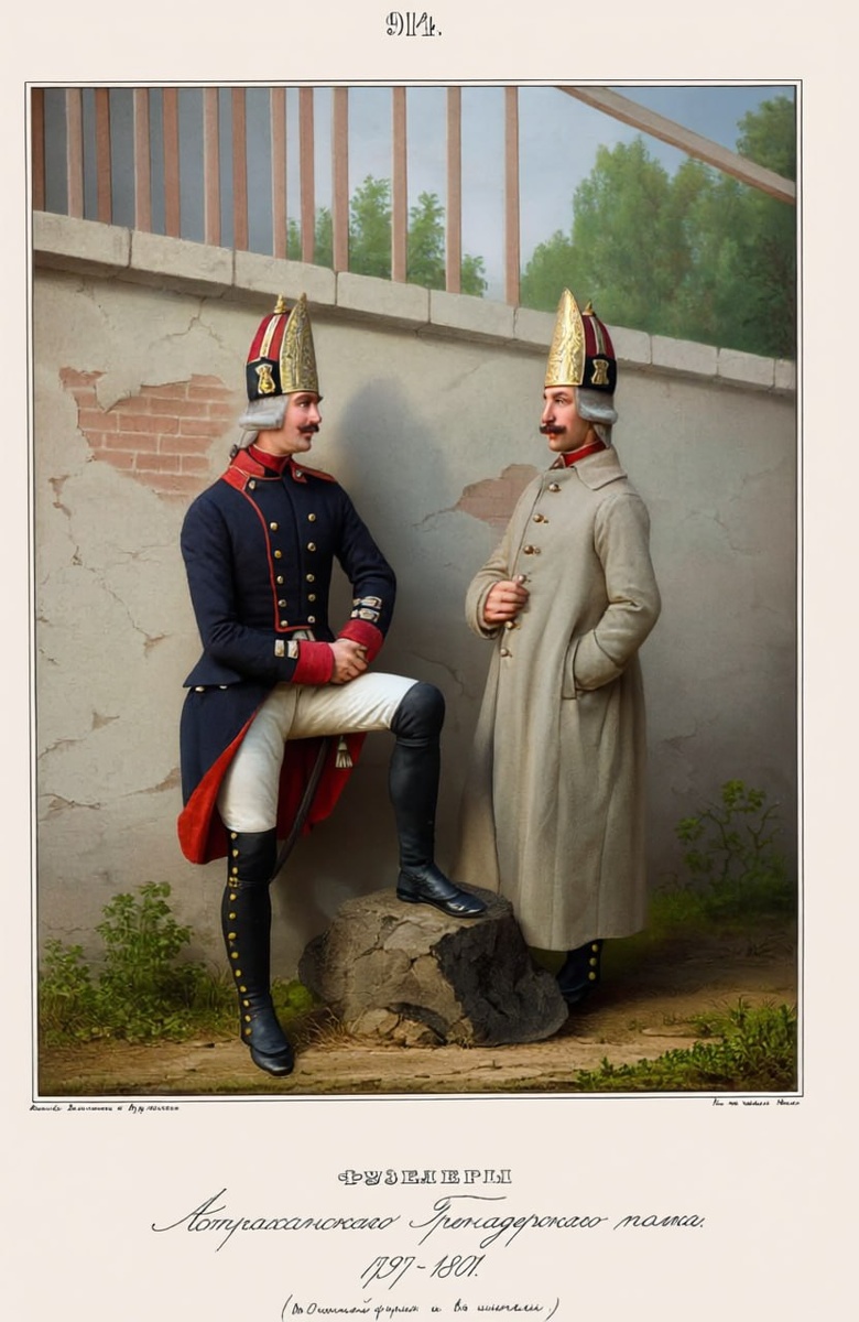 Фузелеры Астраханскаго Гренадерскаго полка. 1797 - 1801. (в осенней форме и в шинели). Изображение отредактировано с помощью нейросети chat.qwen.ai Источник: Висковатов А. В. "Историческое описание одежды и вооружения Российских войск. В 30 томах. Том 7. С. 914. Ссылка: https://dzen.ru/a/aLW9vJ9oNhuE4dvi Для справки: Фузилёры в Русской императорской армии (первая половина XVIII века) — солдаты линейной пехоты, вооружённые кремнёвым ружьём — фузеей. Кроме фузеи, они имели на вооружении багинет (длинный нож с черенком, вставлявшимся в дуло ружья), заменённый в 1706 – 1708 гг. штыком. Фузилёры в составе гренадерских полков предназначались для штурмов или использовались в качестве обычной линейной пехоты. Также отдельные фузилёрские роты часто занимались охраной артиллерийских батарей и тыловых коммуникаций. В середине XVIII века при императрице Елизавете фузилёрные роты, батальоны и пехотные полки были переименованы в мушкетёрские.