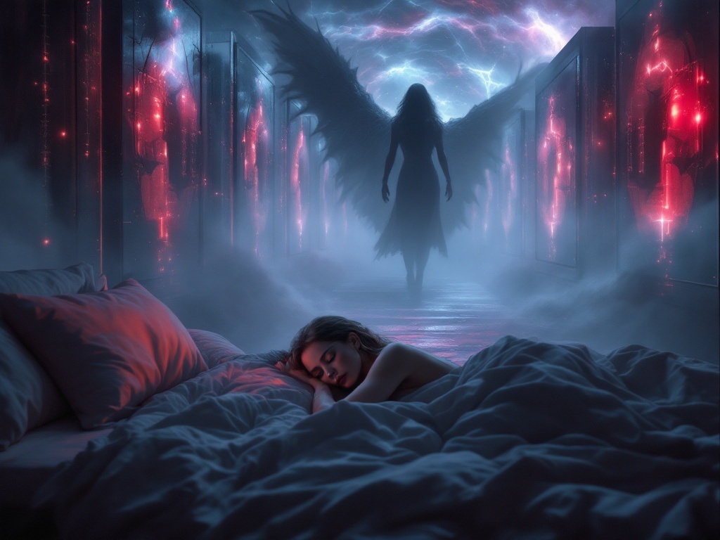    К чему такое снится: На картине изображена женщина, выражающей решимость и силу, борющаяся с неопределенным темным существом на фоне повторяющихся, подобных кадров, которые создают эффек