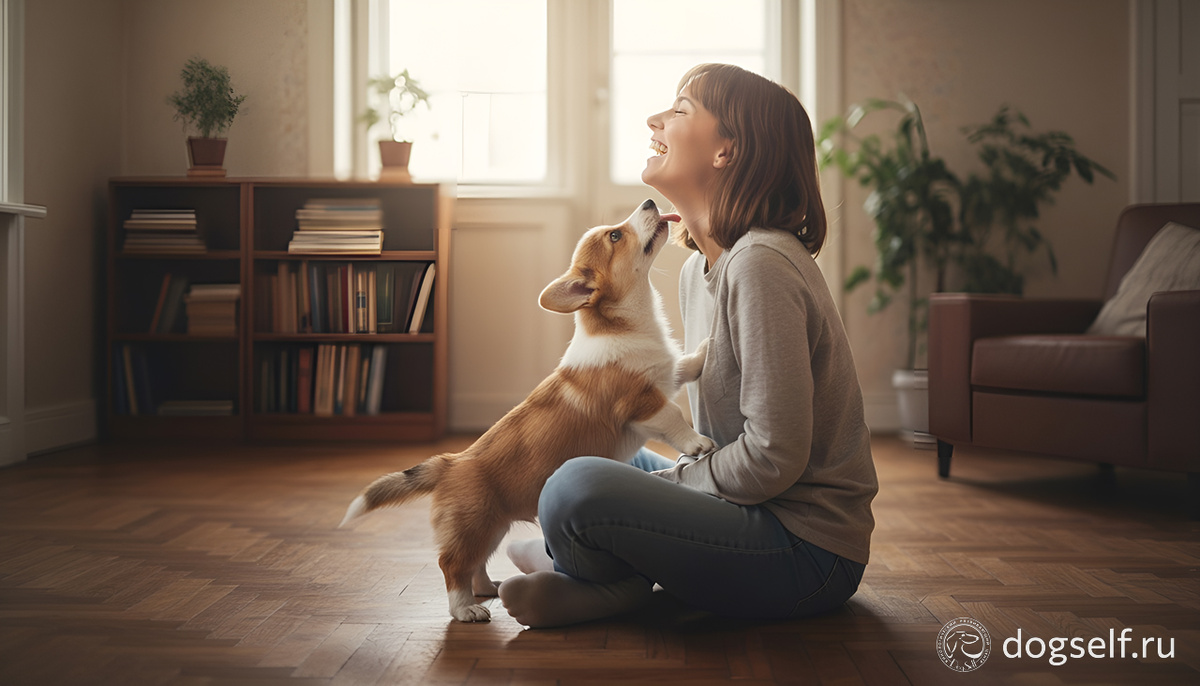Первый перевод: «Я тебя вижу, я признаю твой статус, я свой!» – так выглядит древняя вежливость на языке собак | Щенок корги пытается дотянуться до лица хозяйки, чтобы поприветствовать её | Изображение: DogSelf