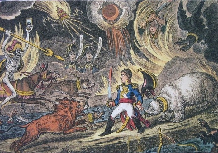 Британский лев и русский медведь нападают на Наполеона.