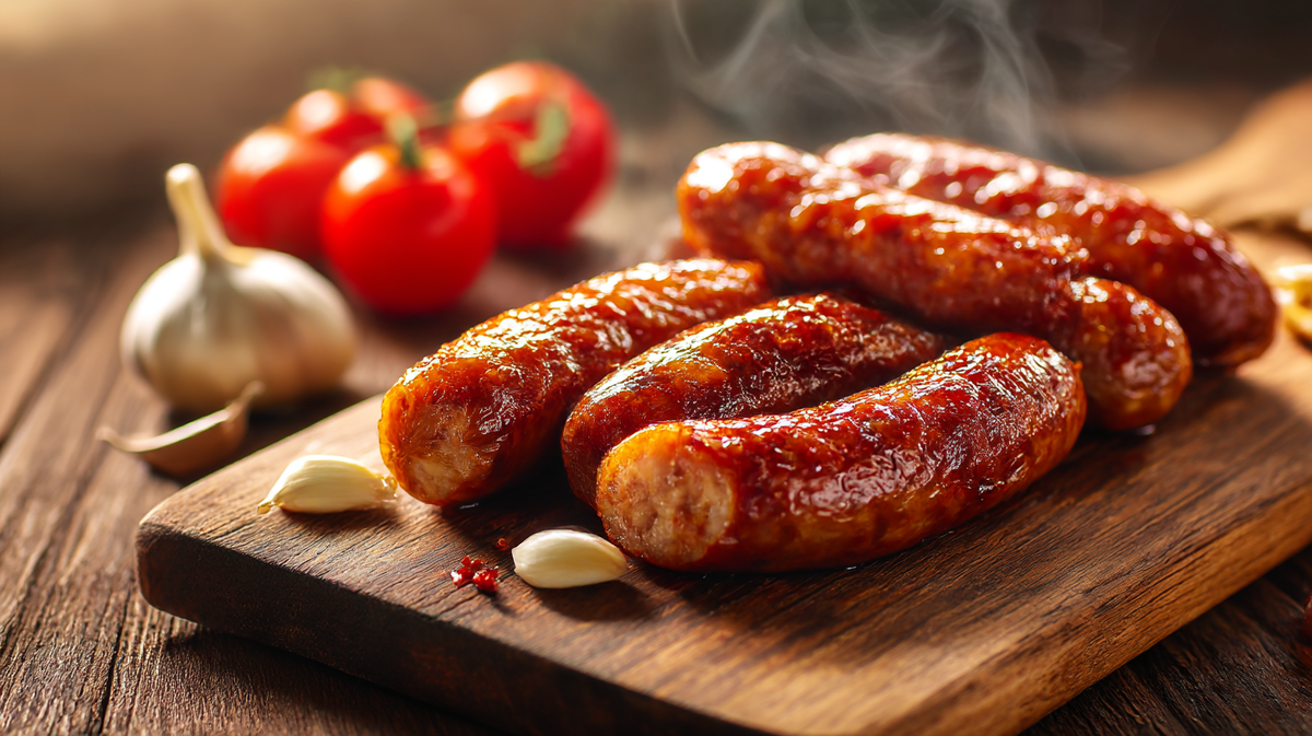 «Сочные домашние колбасы, запечённые до румяной корочки, лежат на деревянной доске. Рядом — зубчики чеснока и спелые томаты на фоне. Пар поднимается от колбас, подчёркивая их свежесть и горячую подачу.»