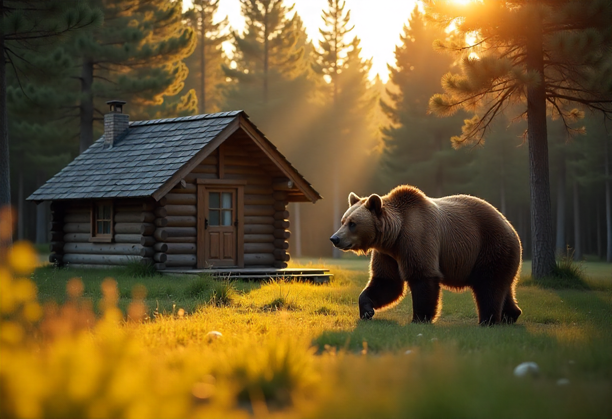 Бурый медведь ходит вокруг избы. Картинка создана нейросетью.