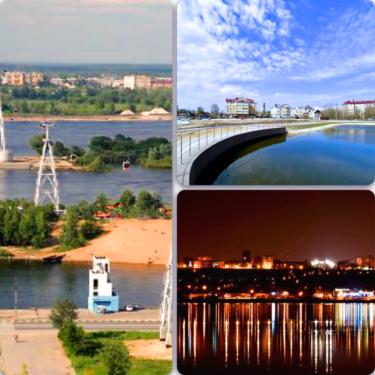 1. Канатная переправа через Волгу между Нижним Новгородом и Бором 2. Мухинское озеро 3. Ночная набережная Бора
