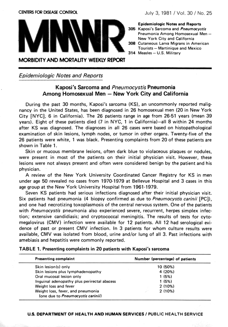 Скан-копия Morbidity and Mortality Weekly Report от 3 июля 1981 года