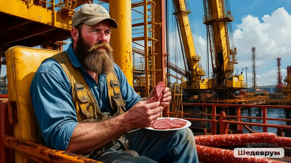 Бородатый нефтяник, сидит у буровой установки и ест салями © NickFW.ru & Шедеврум v.2.5