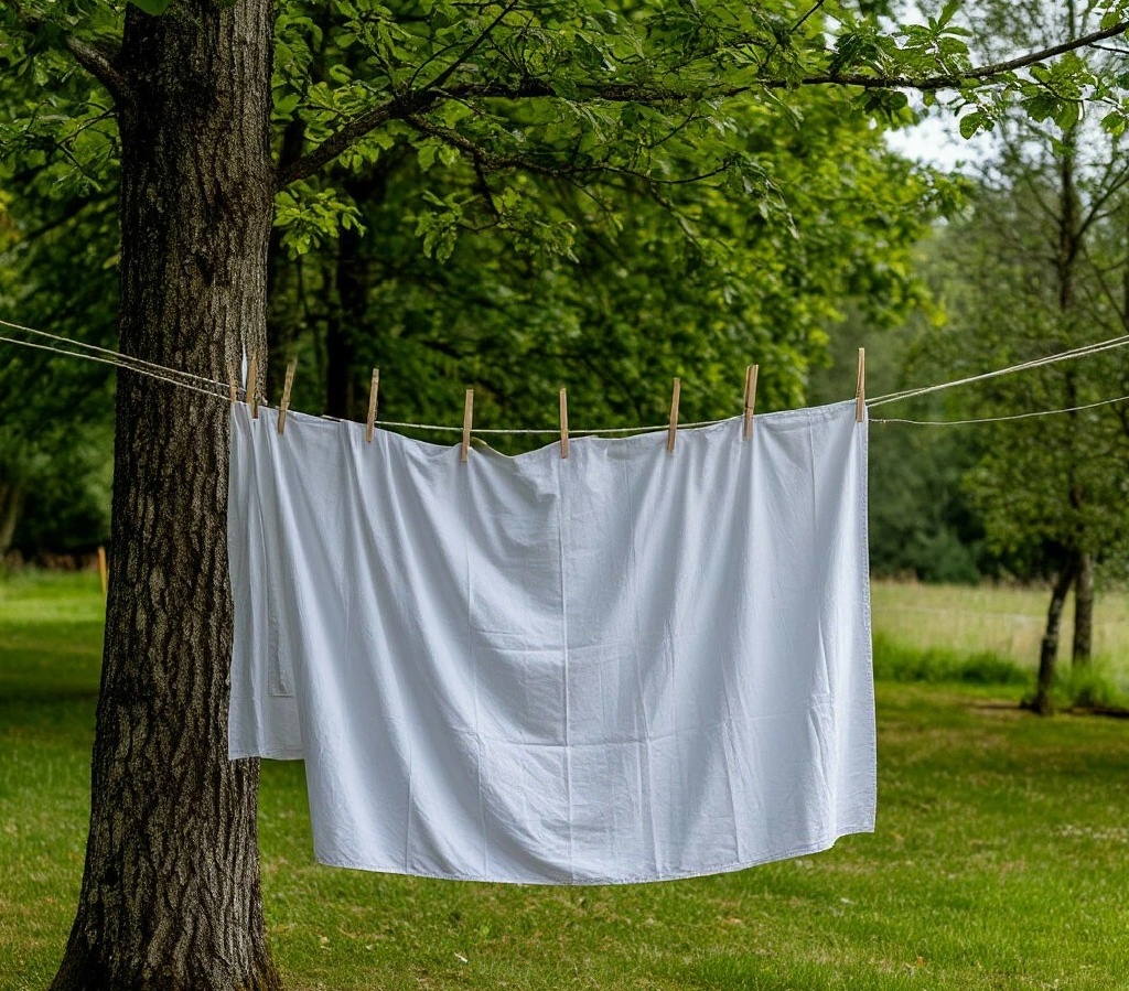 фото: постельное белье сушится на даче на веревке