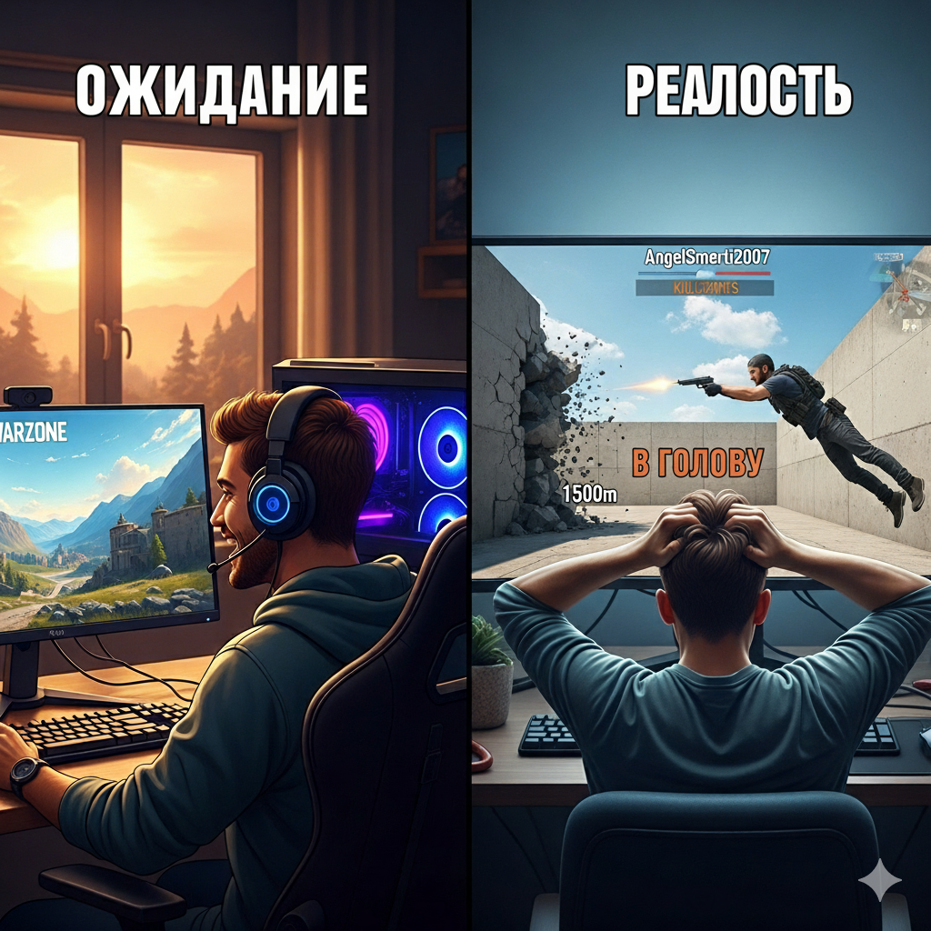 - Довольный, воодушевленный геймер в наушниках сидит за мощным игровым ПК с современным монитором, на котором красивые пейзажи Warzone. 