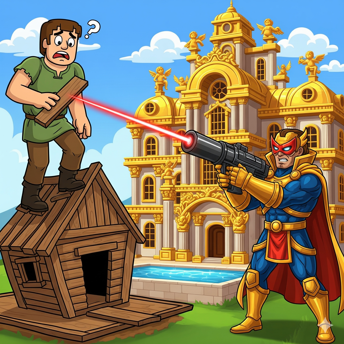 Слева: грустный, растерянный игрок-новичок (noob) Справа: агрессивный, уверенный в себе про-игрок.