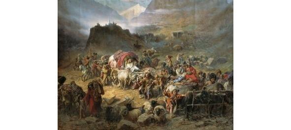 Оставление горцами аула при приближении русских войск. П. Н. Грузинский (1837 — 1892)