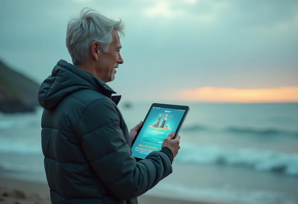 Инженер изучает схему волновой электростанции у океана.