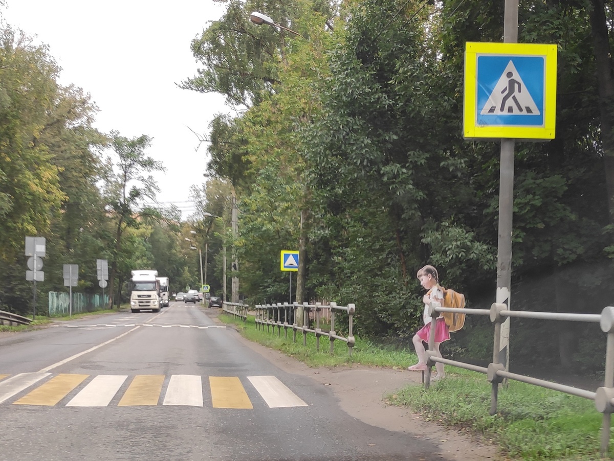 Картонная девочка на переходе издалека смотрится весьма натурально!