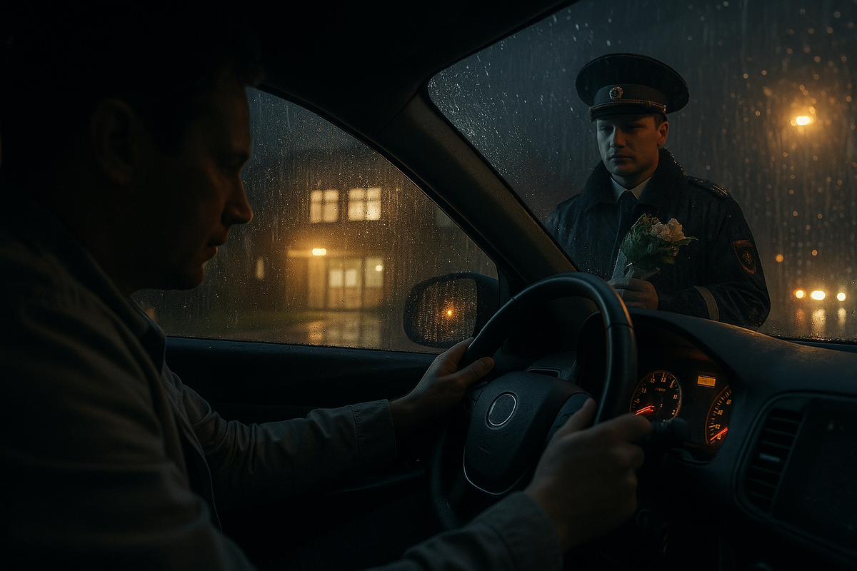 Родильный дом, я и гаишник с цветами