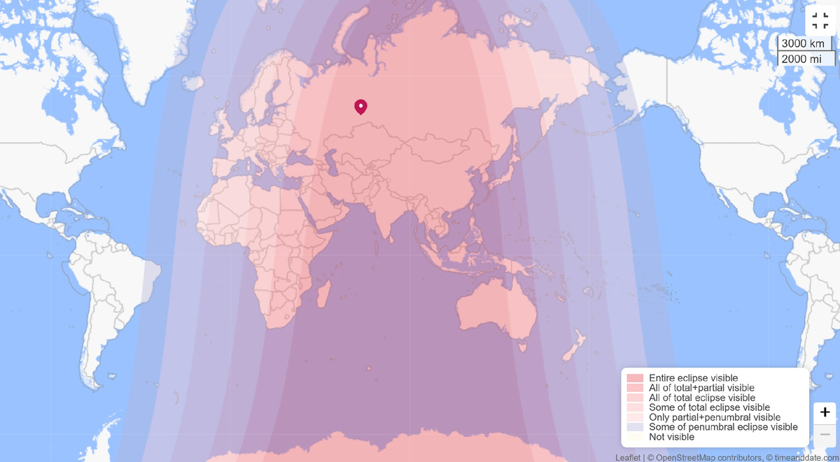 | География видимости лунного затмения 7 сентября. Отмечен город Тюмень.
Источник: timeanddate.com/eclipse/map/2025-september-7
