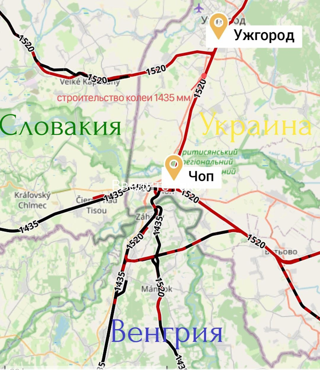 Схема участка от Чопа до Ужгорода, 