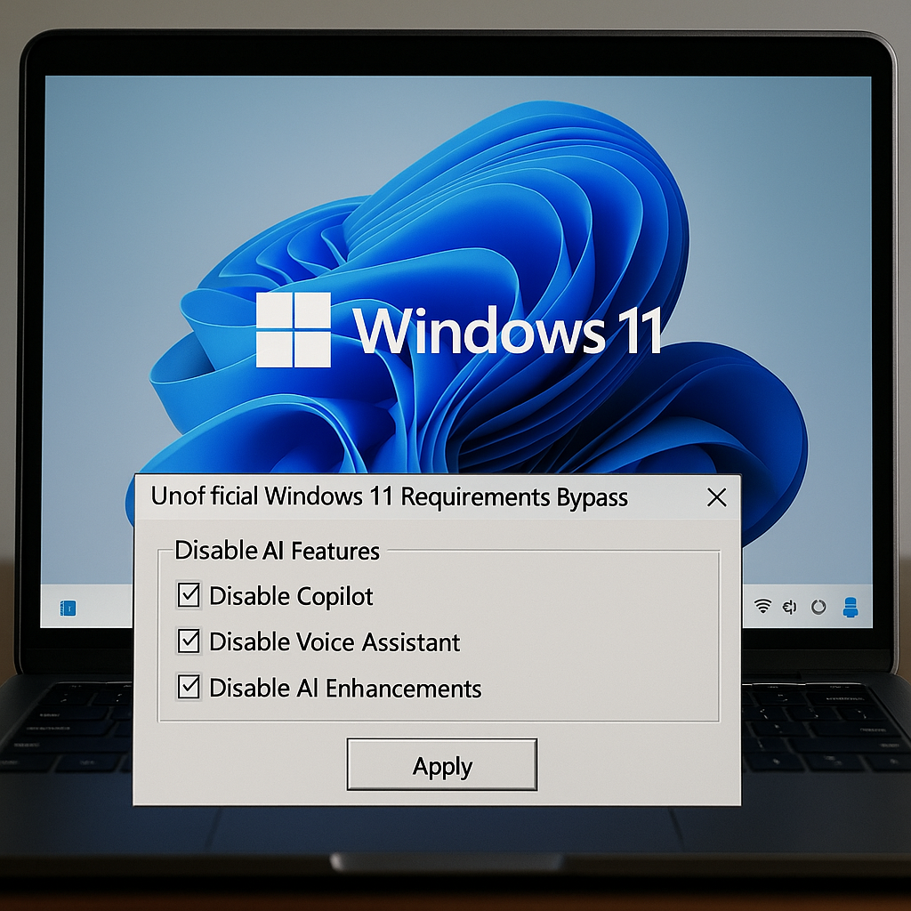 Ноутбук с Windows 11, на экране открыто окно утилиты с чекбоксами для отключения AI-функций — Copilot, голосовой ассистент и AI-улучшения.