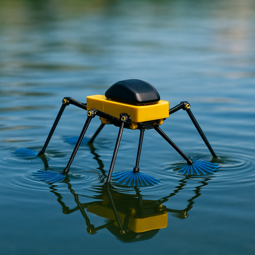 Биовдохновлённый робот-водомерка с вентиляторными лапами шагает по поверхности воды, создавая лёгкие ряби и отражаясь в спокойной глади.