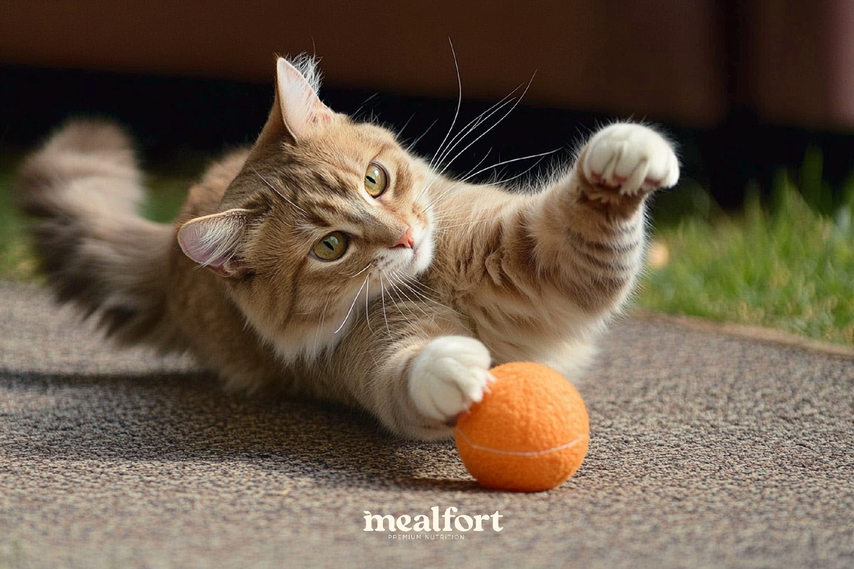  стерилизованная кошка играется с мячиком / фото mealfort