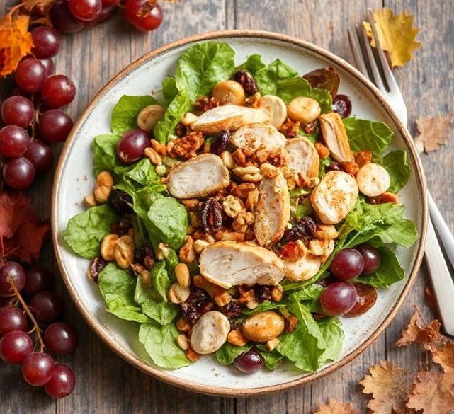 Осенний салат с курицей, орехами и виноградом