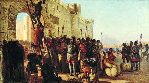 Князь Олег прибивает щит на врата Царьграда. Художник Н. К. Бодаревский. То, что реальный 439-й год этого события совпал с основанием Королевства вандалов-вендов со столицей в Карфагене, подтверждает родственность сверофариканских вандалов новгородским варяго-русам вместе с установлением тогда же в Европе единой русской империи Северного верхнего Рима.