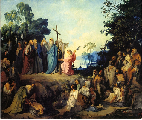 Н. Ломтев. Апостол Андрей Первозванный водружает крест на горах Киевских, 1848 год. Крещение Руси не в 10-м, а в начале шестого века не исключает путешествия в будущую Русь в первом веке Апостола Андрея вероятно и вплоть до Новгорода. При этом крещение было не основного народа, как изображено художником, а верхних и средних людей, варяго-русов.