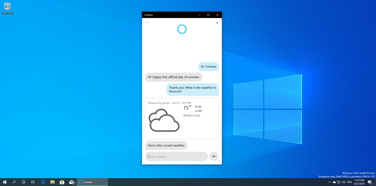Приложение "Кортана" в Windows 10.