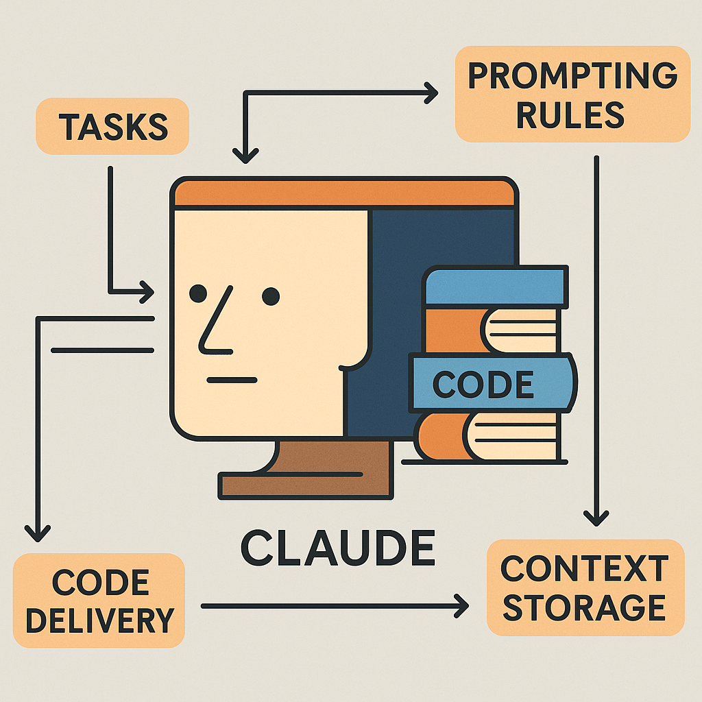 Схематичная иллюстрация Claude как центра, к которому стрелками подключены ключевые элементы фреймворка — задачи, правила подсказок, координация агентов, управление сессиями, доступ к инструментам, этапы разработки, доставка кода и хранение контекста.